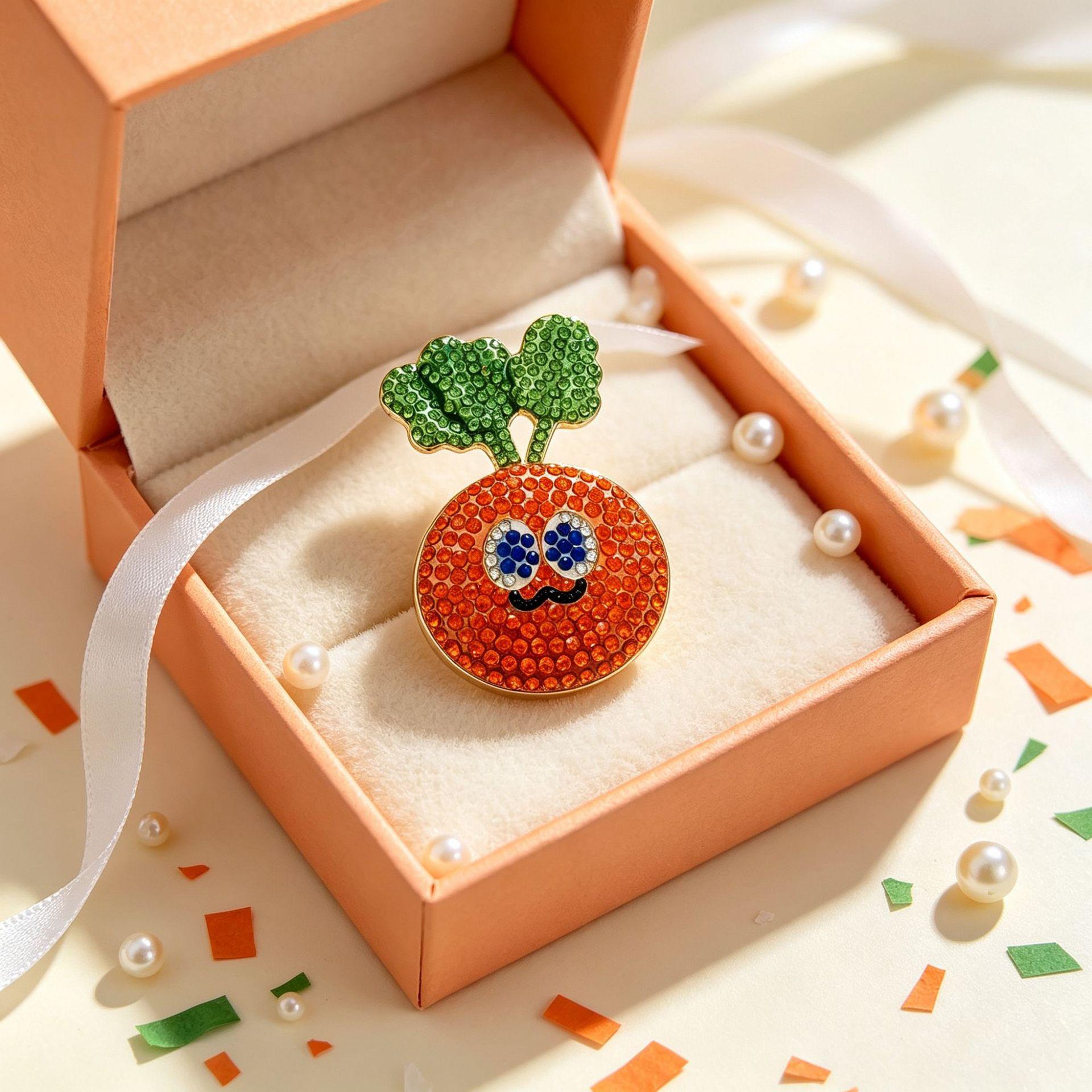 May Day, same style as the "Bubu" character, pixel-style carrot brooch, cute alloy brooch with rhinestones, small badge, pin, and accessory