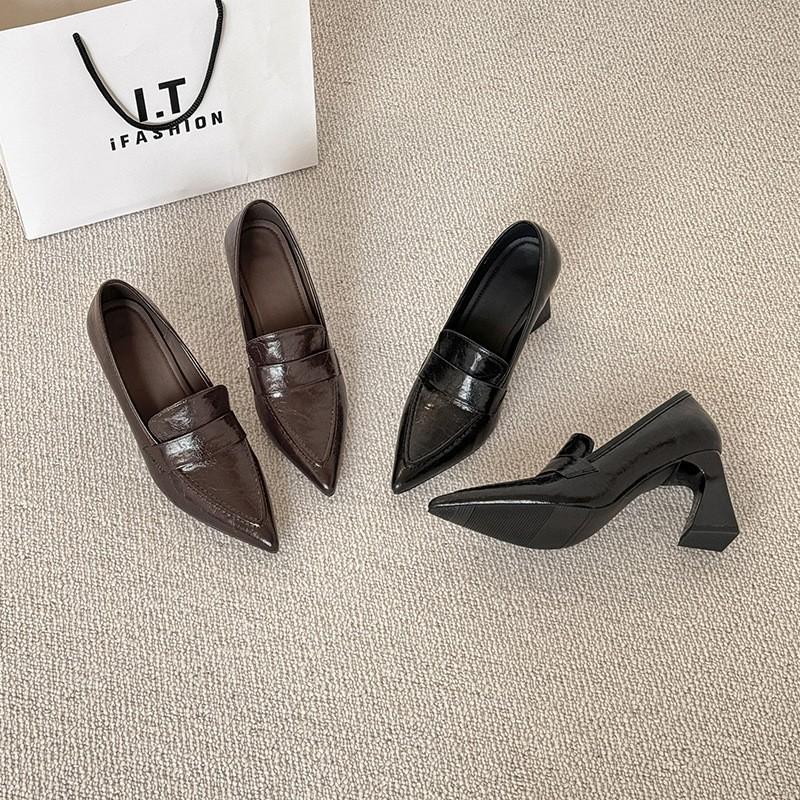Lambskin French-style pointed-toe loafers for women, medium-heel, chunky heel, suitable for commuting, with a high-end, elegant, vintage feel