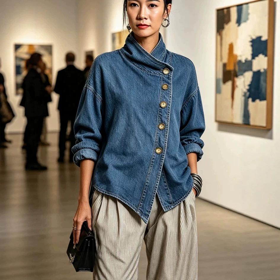 European and American retro asymmetrical denim jacket for women, featuring a unique stand-up collar, button closure, and a loose, washed denim style