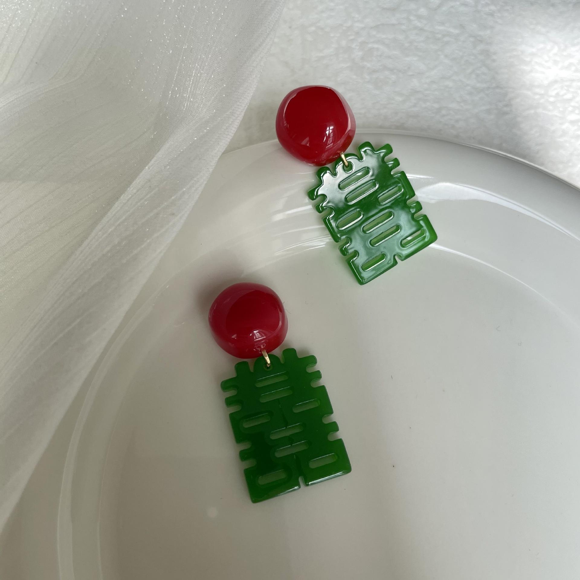 Retro Style Happy Character Earrings National Trendy New Chinese Wedding Earrings Contrast Color Elegant Ear Clip Bridal Accessories