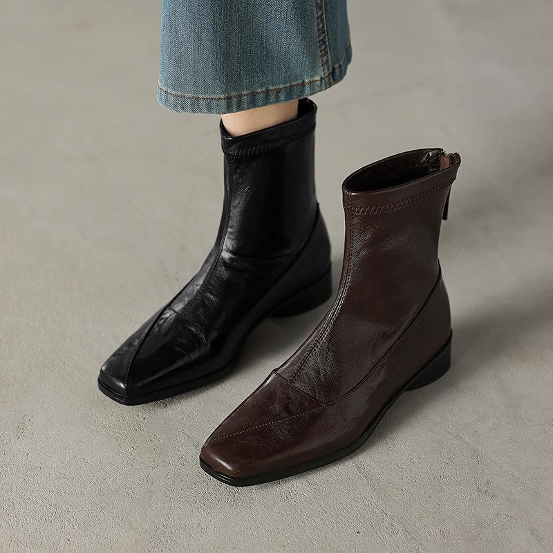 Sheepskin Short Boots for Women 2025 Autumn and Winter New Style Genuine Leather Elegant Square Toe Soft Sole Comfortable Flats Slim Boots for Women
