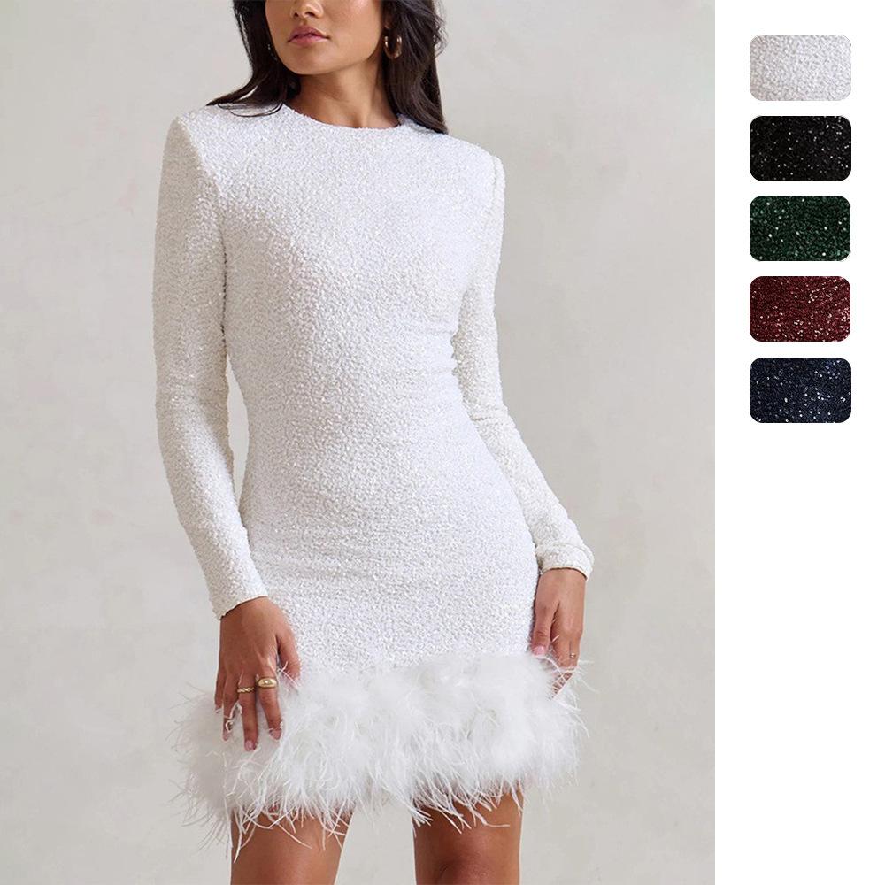 Amazon Independent Station European and American Women's Sexy Dress Long Sleeve Solid Color Sequin Feather dress Crewneck Women 8102