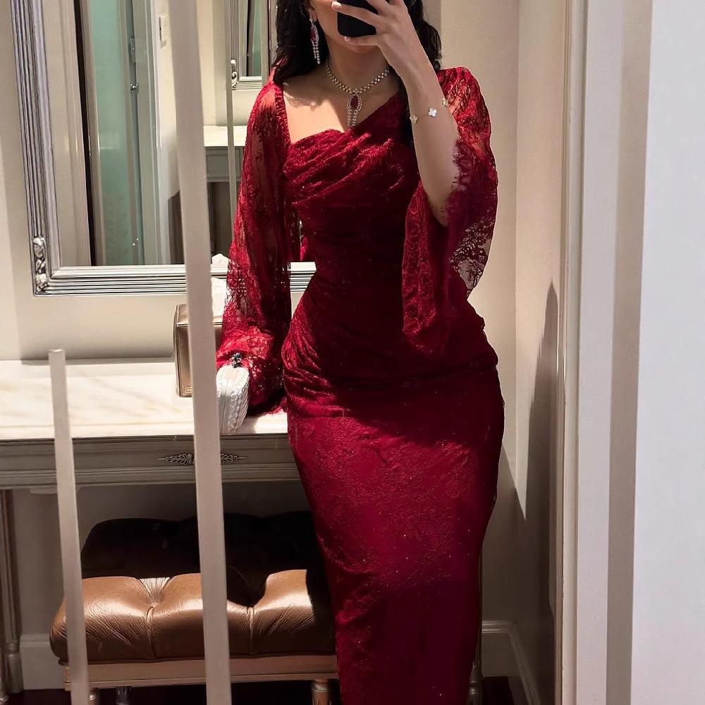 Spring Cross-Border European and American Women's Clothing Independent Site Amazon Elegant Lace Rhinestone Bodycon Evening Dress