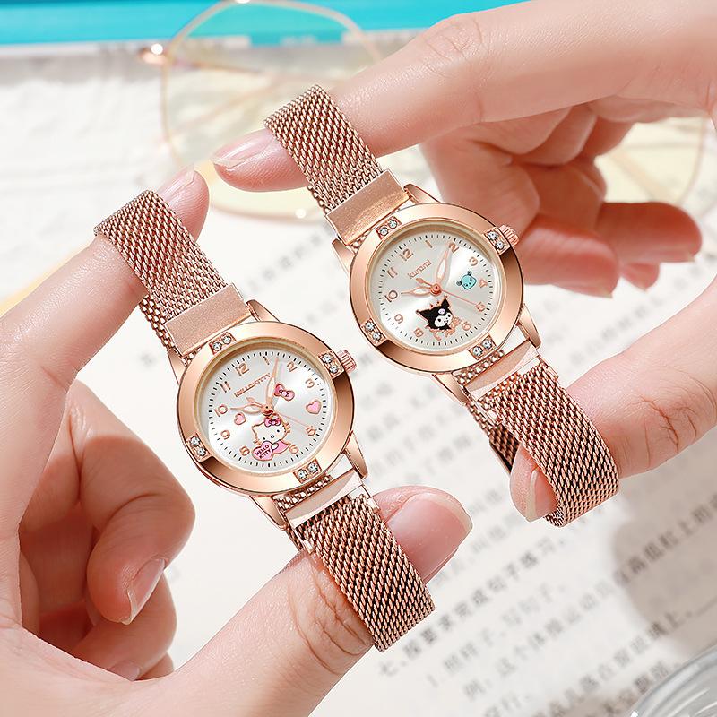 New rose gold diamond-encrusted Sanrio women's watch, middle school student watch with magnetic strap and Milanese quartz movement