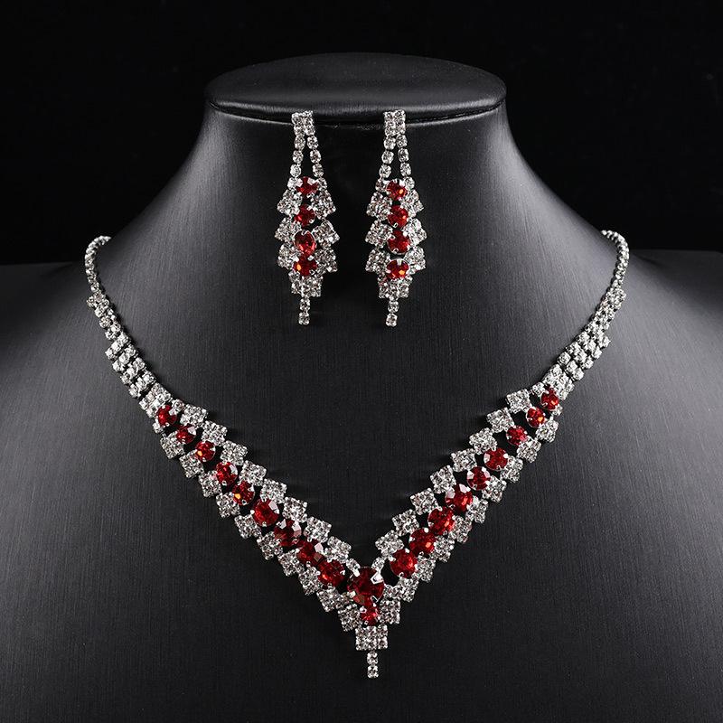 European and American Cross-border wine red Necklace suit Earrings Jewelry suit Fashion All-match Bride Rhinestone Jewelry Pendant