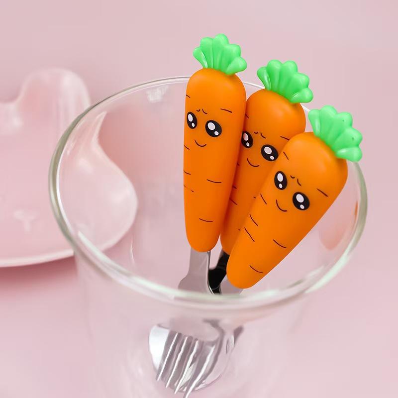 New Net Carrot suit 304 Stainless Steel Tableware Cartoon Spoon Baby Food Supplementary Spoon Fork Fruit Mud Spoon Baby Gift
