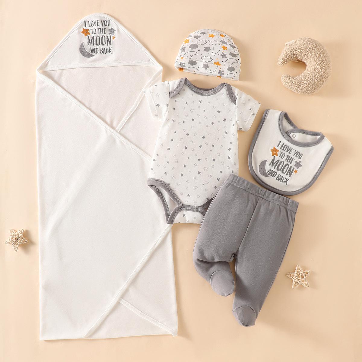 Newborn baby five-piece gift set: swaddle wrap, romper, pants, hat, bib, newborn full-month celebration outfit