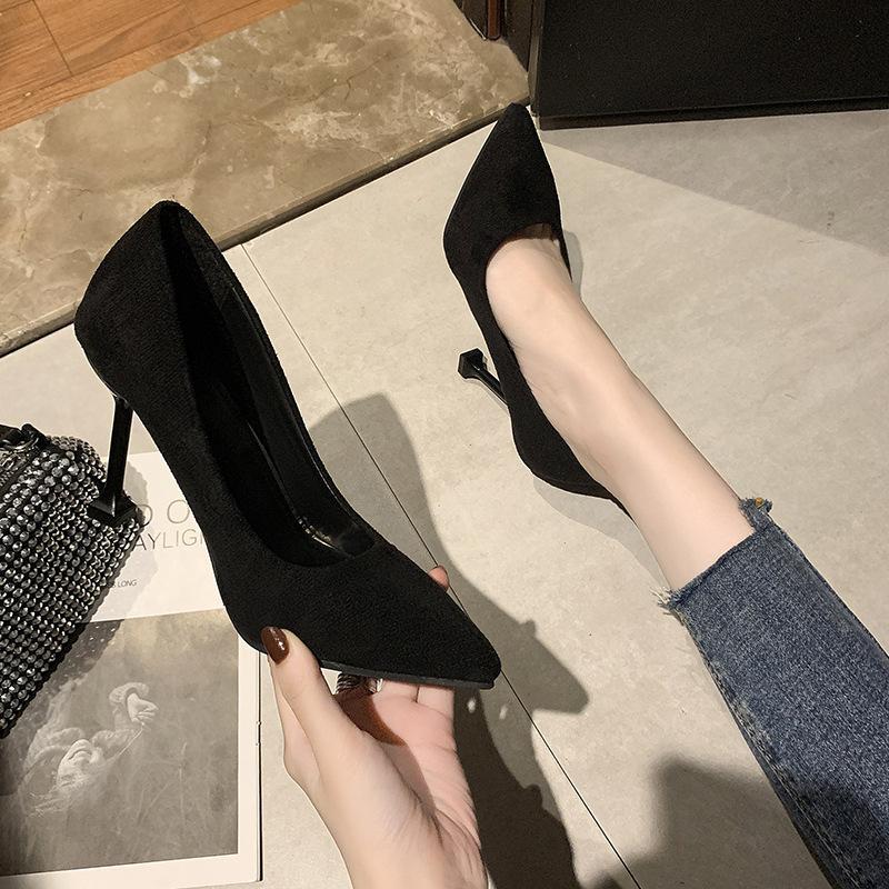 High-Heeled Shoes for Women 2023 Spring and Autumn Models Pointed Toe Stiletto Black Mid-Heel Single Shoes Suede Black High-Heeled Shoes Etiquette