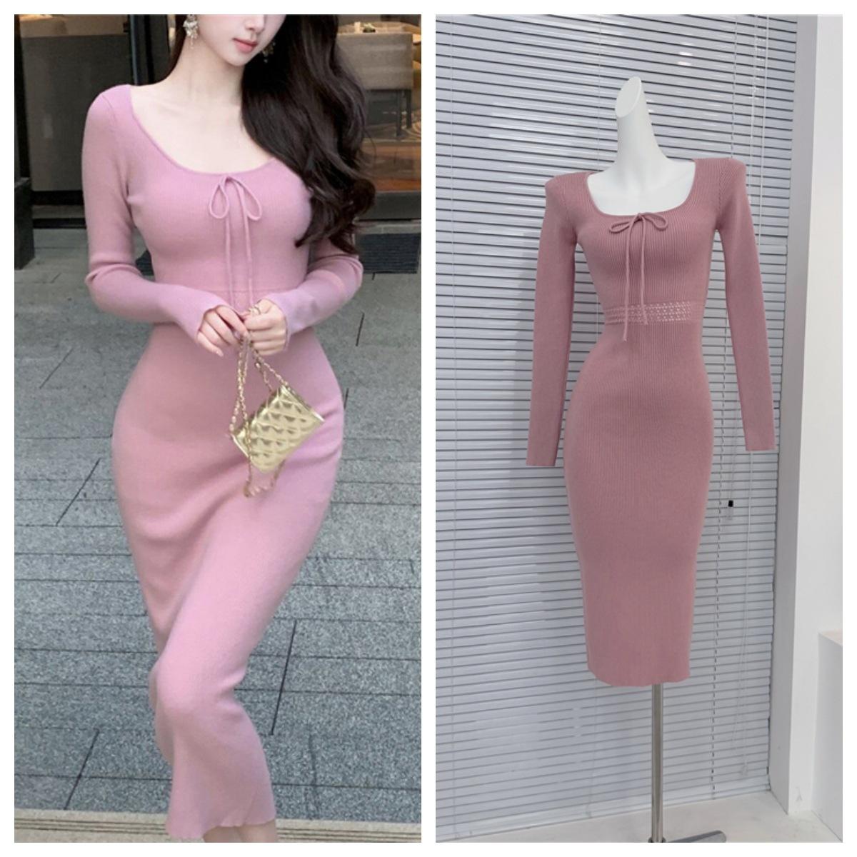 8316 Soft and cute dress for autumn and winter, pure and alluring, with square neckline, bow ties, hollow-out design, waist-cinching, body-hugging knit dress