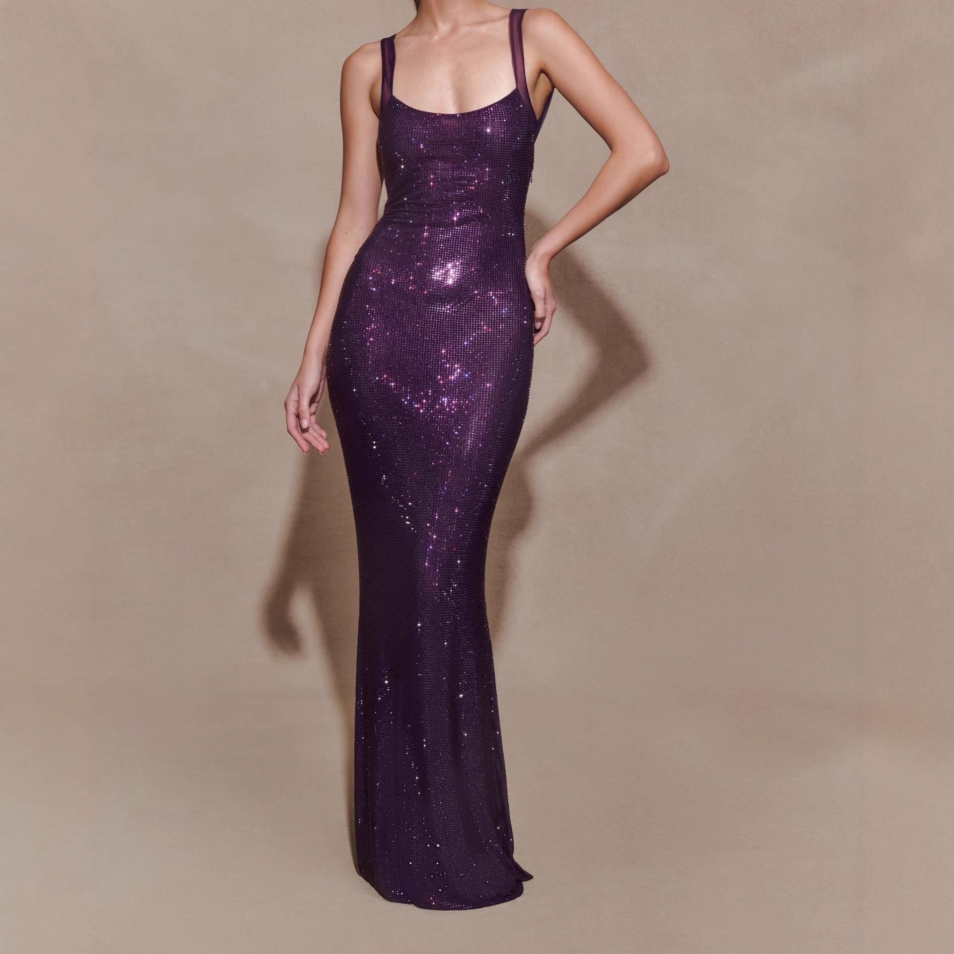 Cross-Border European and American Hot Diamond Banquet Evening Dress Shiny High-End Long Skirt Sexy Backless Skirt Slim Slim Dress