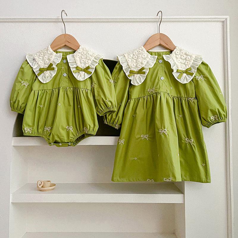 New girls' dress Spring and Autumn long-sleeved baby romper butterfly collar baby girls' embroidered dress sisters clothing