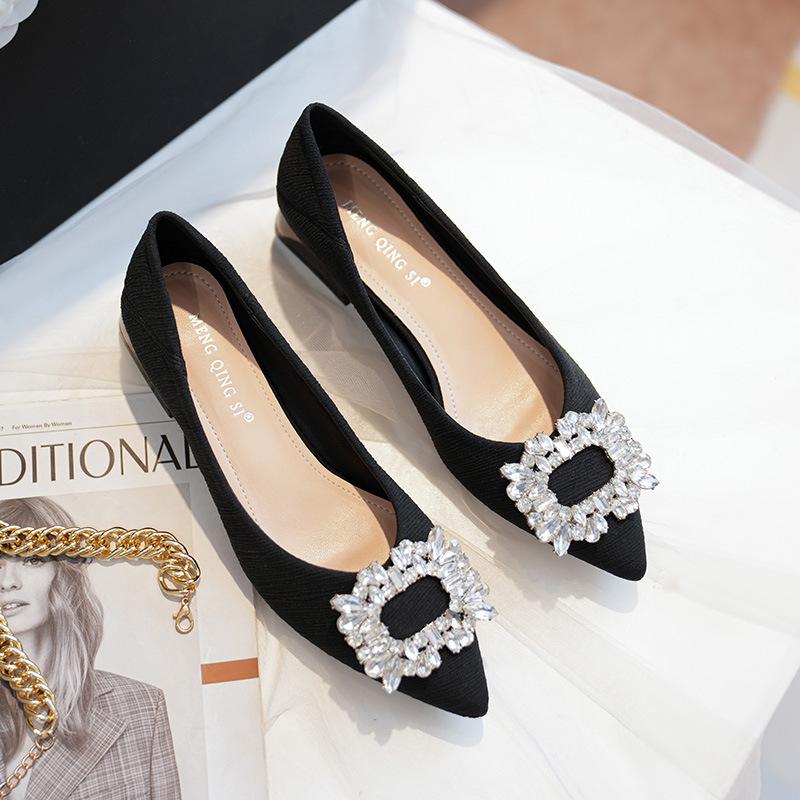 Pointed-Toe Elegant Lady's Shoes with Thick Heels 2025 Spring & Fall New Style Square Buckle Rhinestone Shallow Mouth Scoop Shoes Comfortable Large Size Women's Shoes