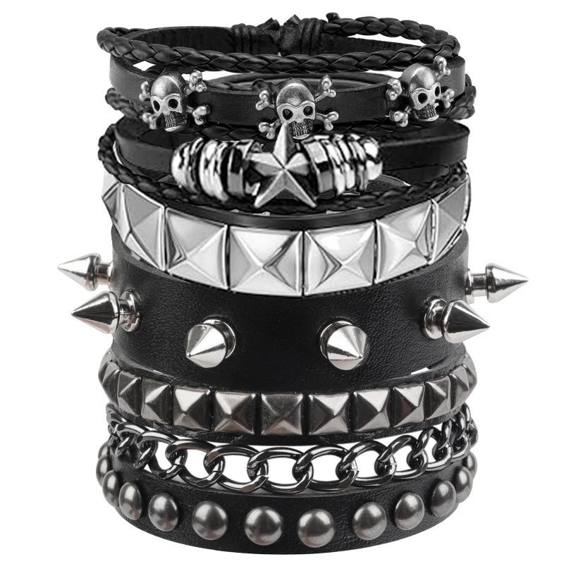 5-Piece Set of Punk Fashion Men's Multi-Layer Vintage Leather Bracelets with Personalized Rivet Chain Leather Handmade Accessories