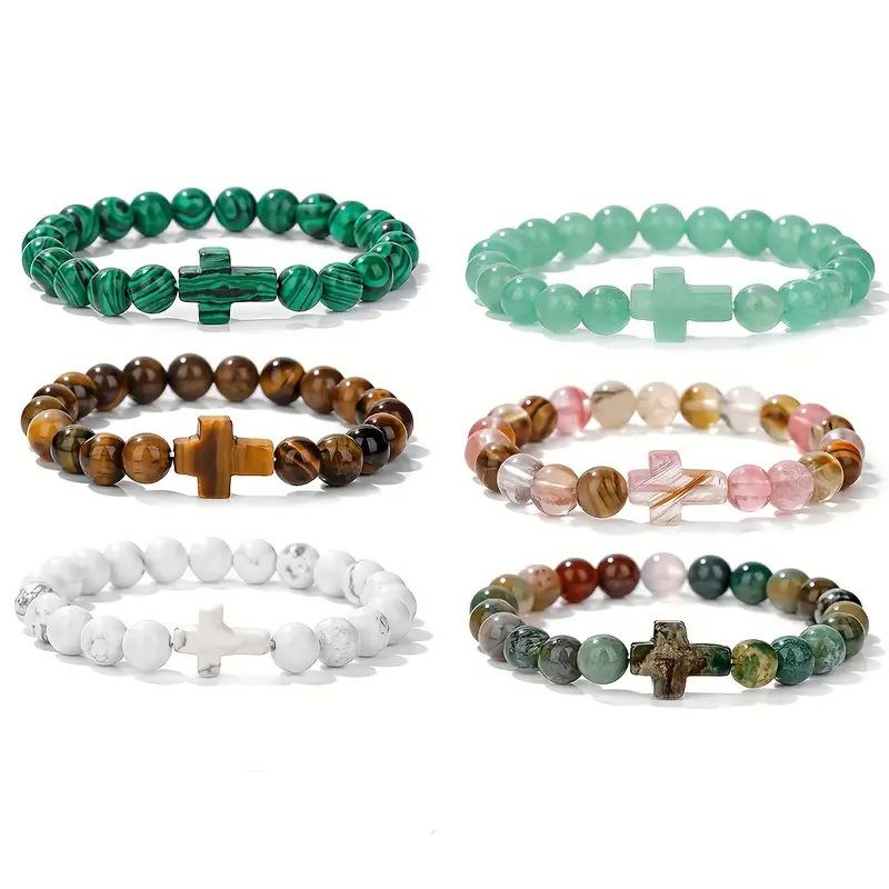 Temu Xiyin Tk European and American Natural Tiger Eye Green Aventurine Turquoise Indian Agate Malachite Cross Beaded Bracelet