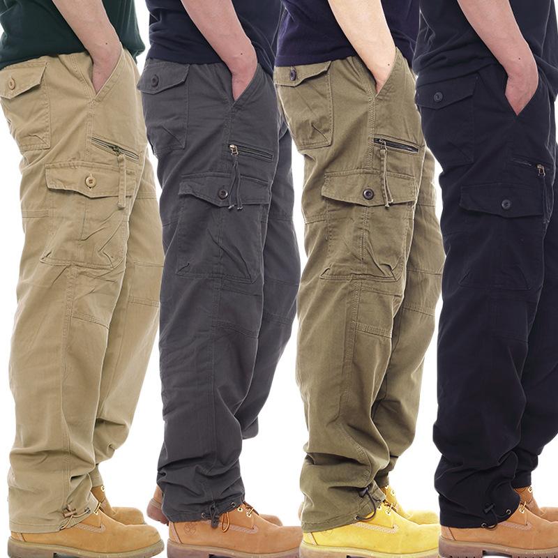 Men's Casual Cotton Work Pants with Elastic Waist, Large Size, Multi-Pocket, Loose Fit, Long Pants for Construction Site