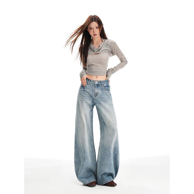 High-Waisted Vintage Blue Wide-Leg Jeans for Tall Women, American Style, Slimming, Loose, Drapey, Floor-Length Pants