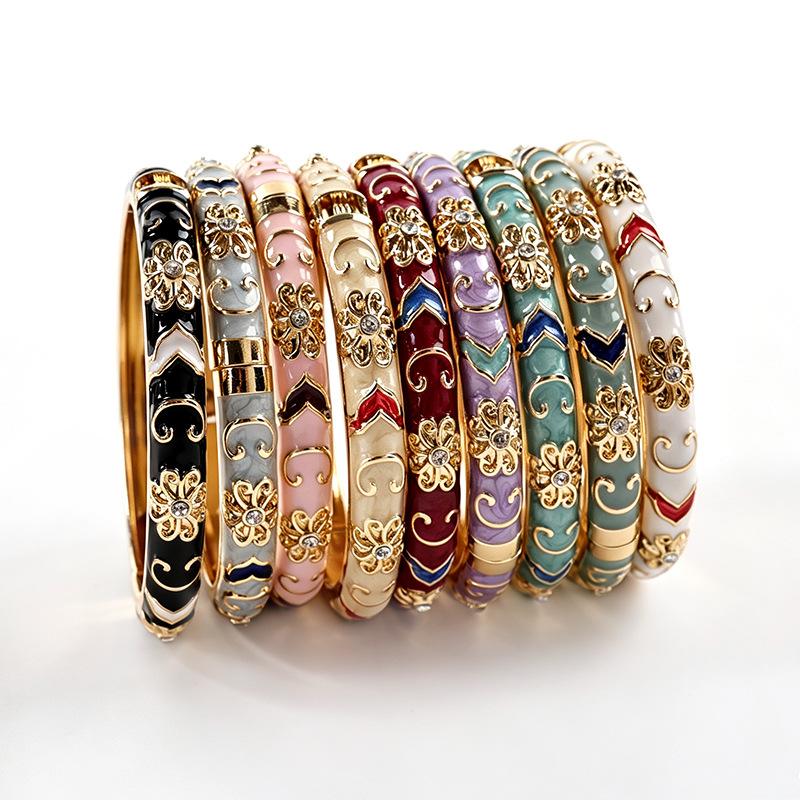 Enamel craft colored bracelet with diamonds, hollow open bangle, cloisonné in stock, palace style hollow open bracelet