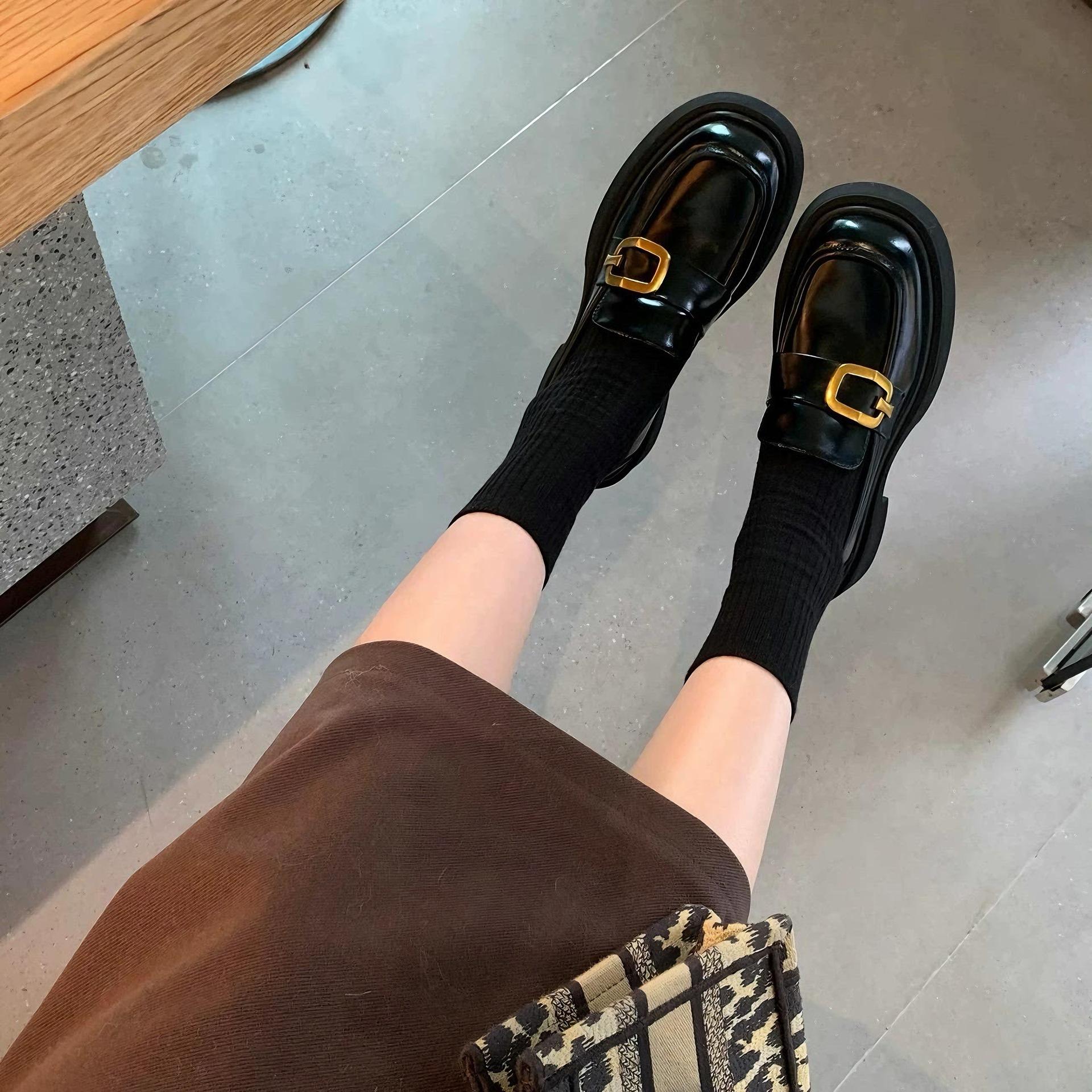 Genuine Leather ~ Thick Bottom Loafers 2025 Spring New Square Buckle Thick Heeled Single-layer Shoes Women's British Style Small Leather Shoes