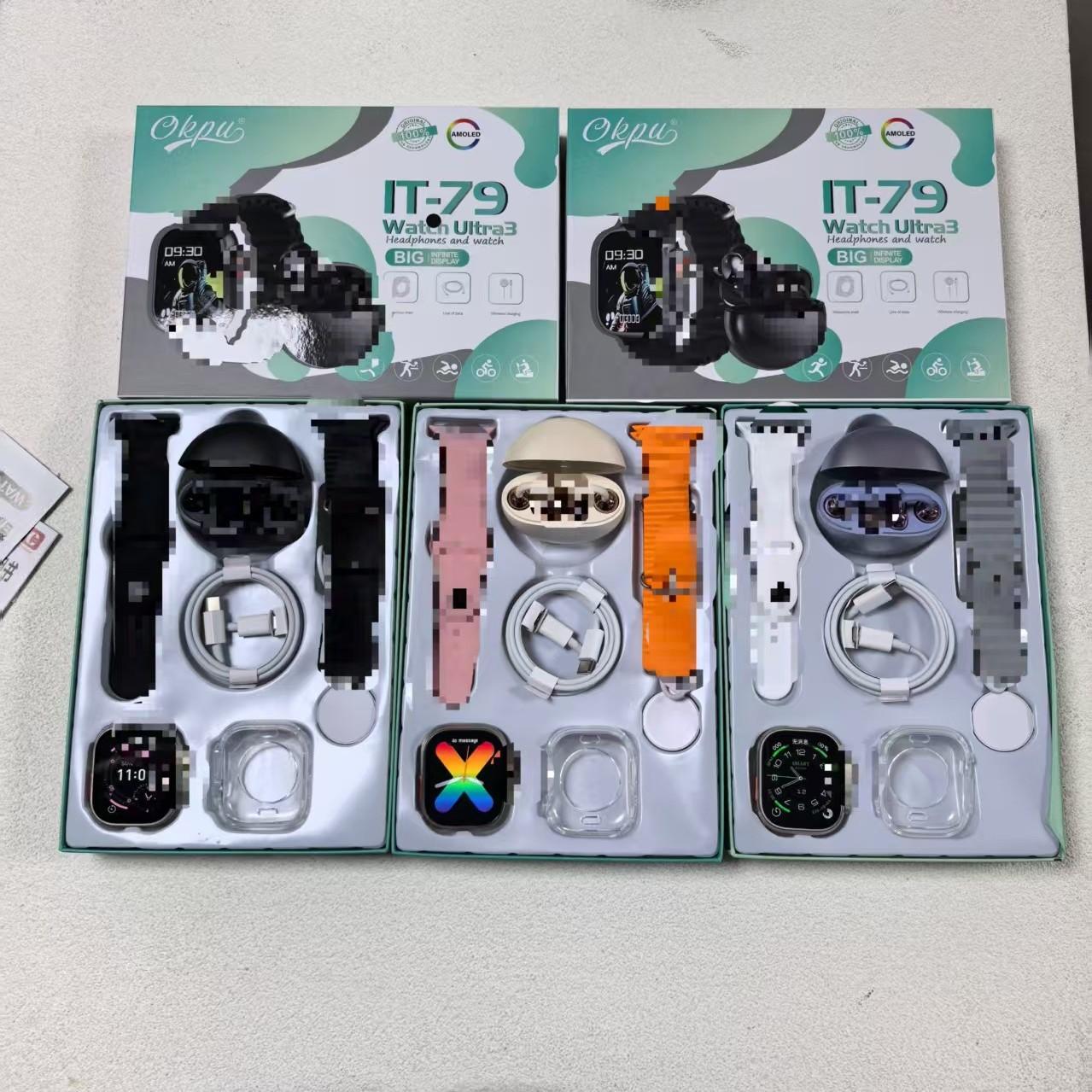 New Product It-79Ultra3 Smart Watch Set Huaqiangbei Bluetooth Headset Two-In-One Six-Piece Set with Double Watch Strap