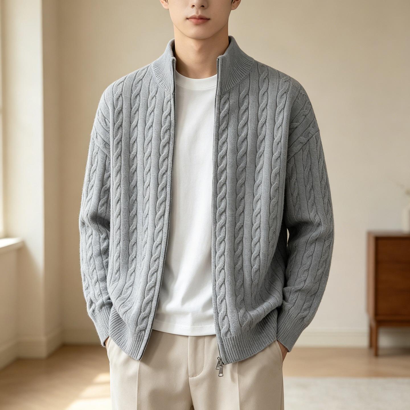 Vintage zip-up sweater for men, spring and autumn casual style, warm knitted cardigan with cable pattern, men's stand-up collar sweater