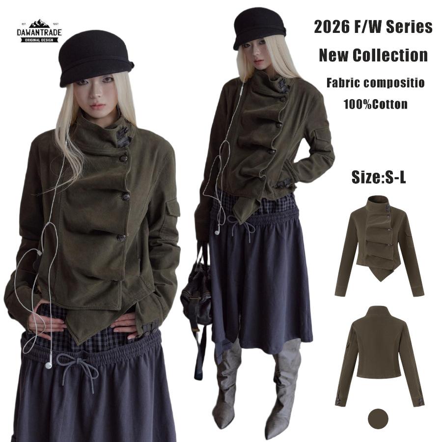 DAWAN26FW Light Asian Style Y2K Palace Style Deconstructed Pleated Stand Collar Short Jacket for Women Slim Fit Slimming Coat