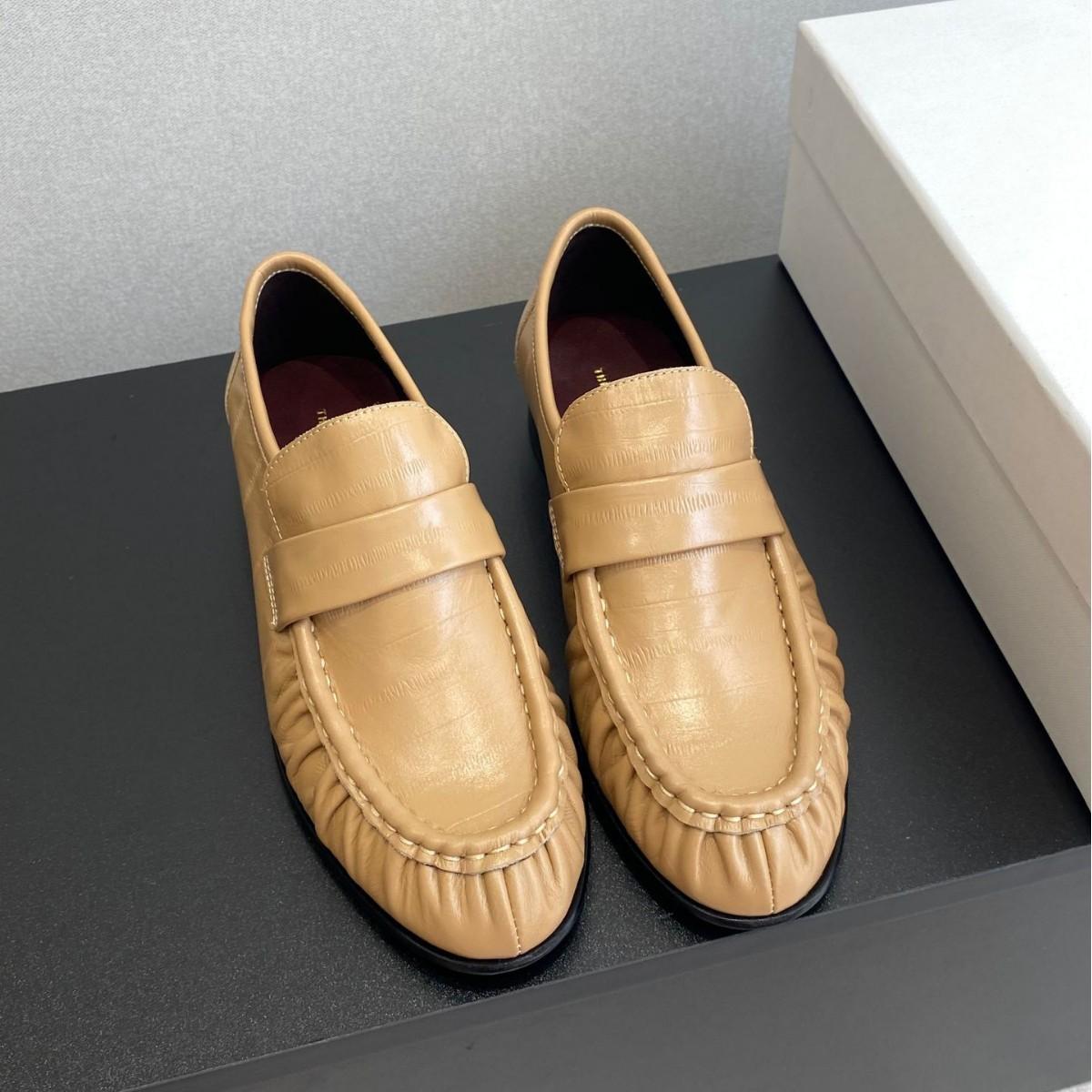 Cross-border The Row pleated cowhide eel-pattern loafers 2026 spring thick heel round toe genuine leather deep-cut women's shoes