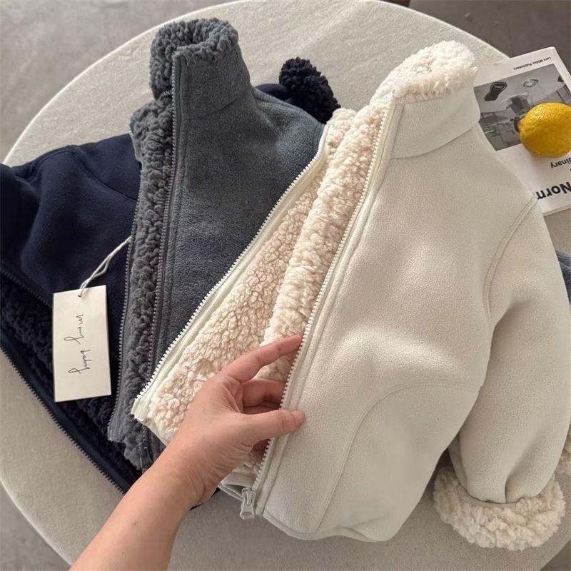 Children's Lamb Wool Jacket 2025 Winter Fleece-Lined Jacket for Small and Medium-Sized Kids, Solid Color Outerwear, Korean Style Warm Top for Babies