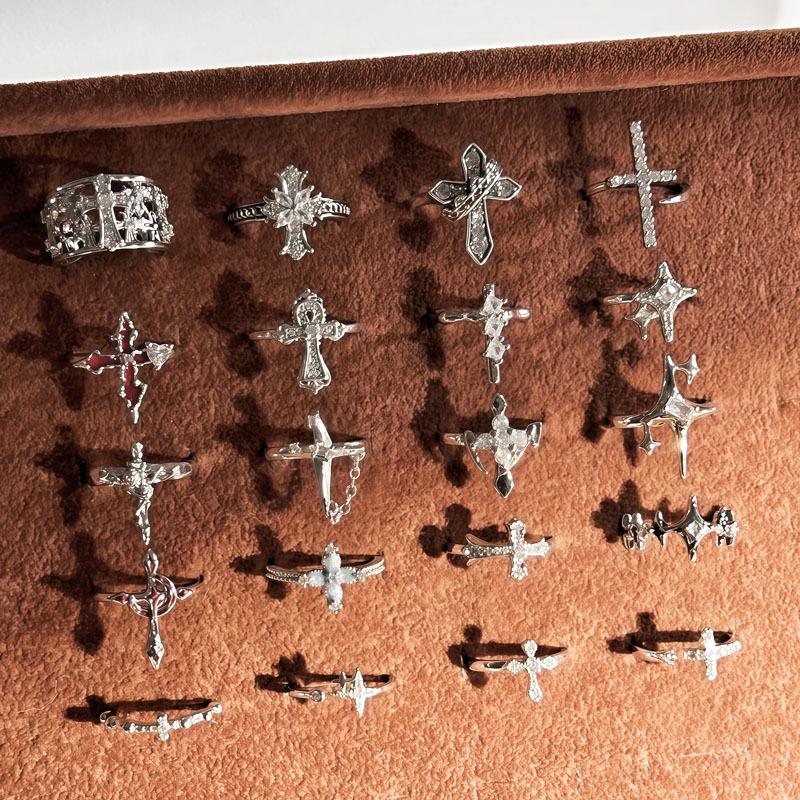 Minimalist full-diamond cross ring collection, fashionable unisex style, niche stackable light luxury ins cool style index finger ring