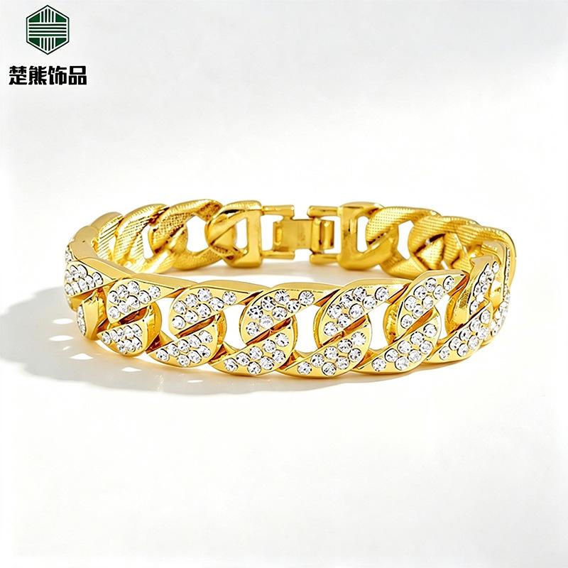 Cross-Border Hot Selling Cuban Bracelet Men's Trendy Cool Personalized Fashion Alloy Diamond 18K Cuban Chain Couple's Hand Jewelry Wholesale