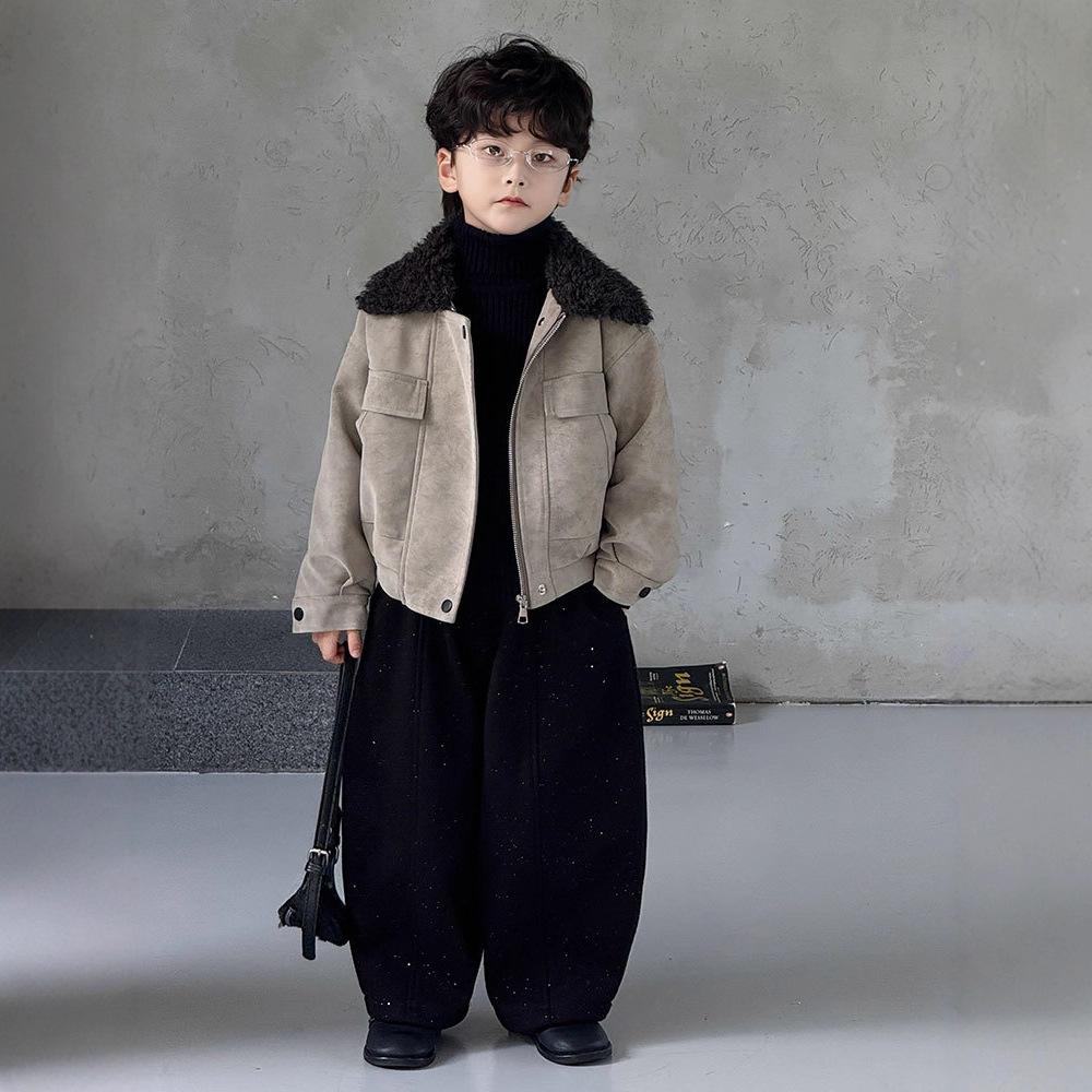 Boys' Baby Coat with Fur Collar, 2025 Autumn and Winter New Style, Fleece-Lined Children's Leather Jacket, Stylish and Trendy, One-Piece Wholesale