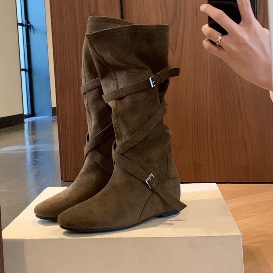 In-Stock Small Sizes 31, 32, 33, Height-Increasing 6cm Stylish Buckle Ruched Mid-Calf Boots for Women, Spring and Autumn, Below the Knee, Pleated Western Boots