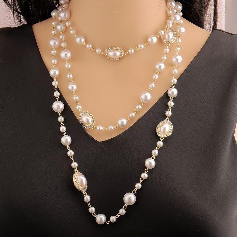 New French Fashion Pearl Necklace with a High-End Temperament, Double-Layer Sweater Chain, Niche Design Versatile Necklace Accessory