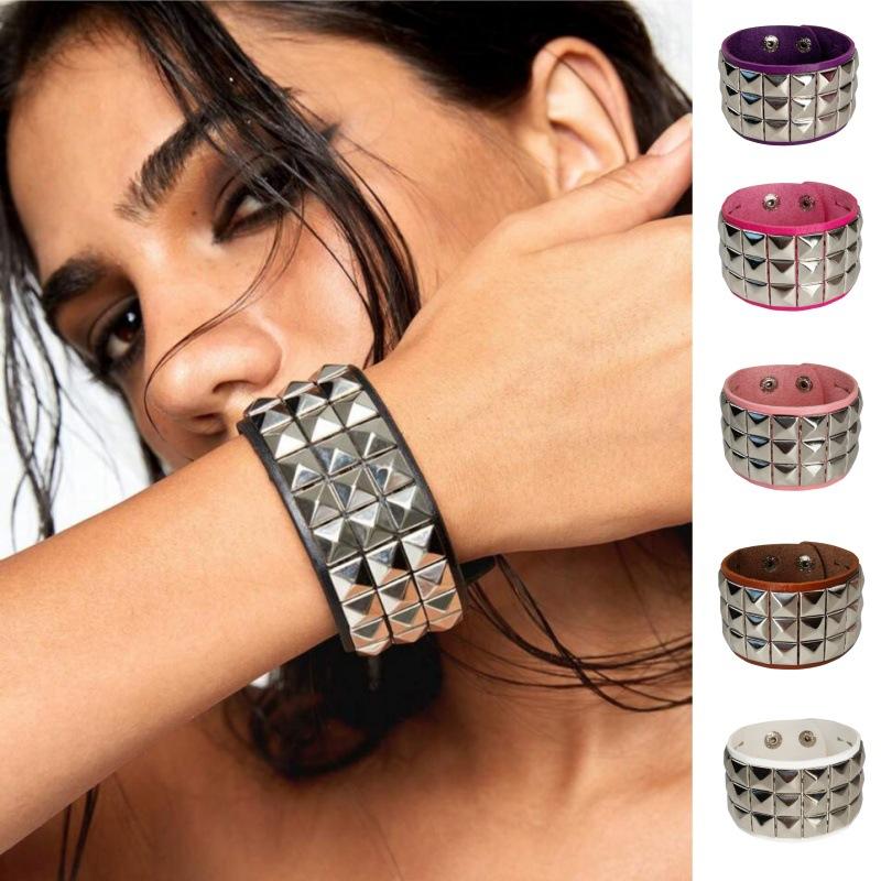 European and American Fashion Punk Street Style Nightclub Square Rivet Bracelet Couple Pu Leather Subculture Bracelet Accessories Cross-Border