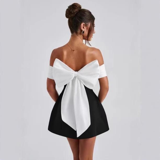 Black and White Color-Blocked One-Shoulder Mini Dress, Sleeveless Bow A-Line Dress, European and American Slim-Fit Style