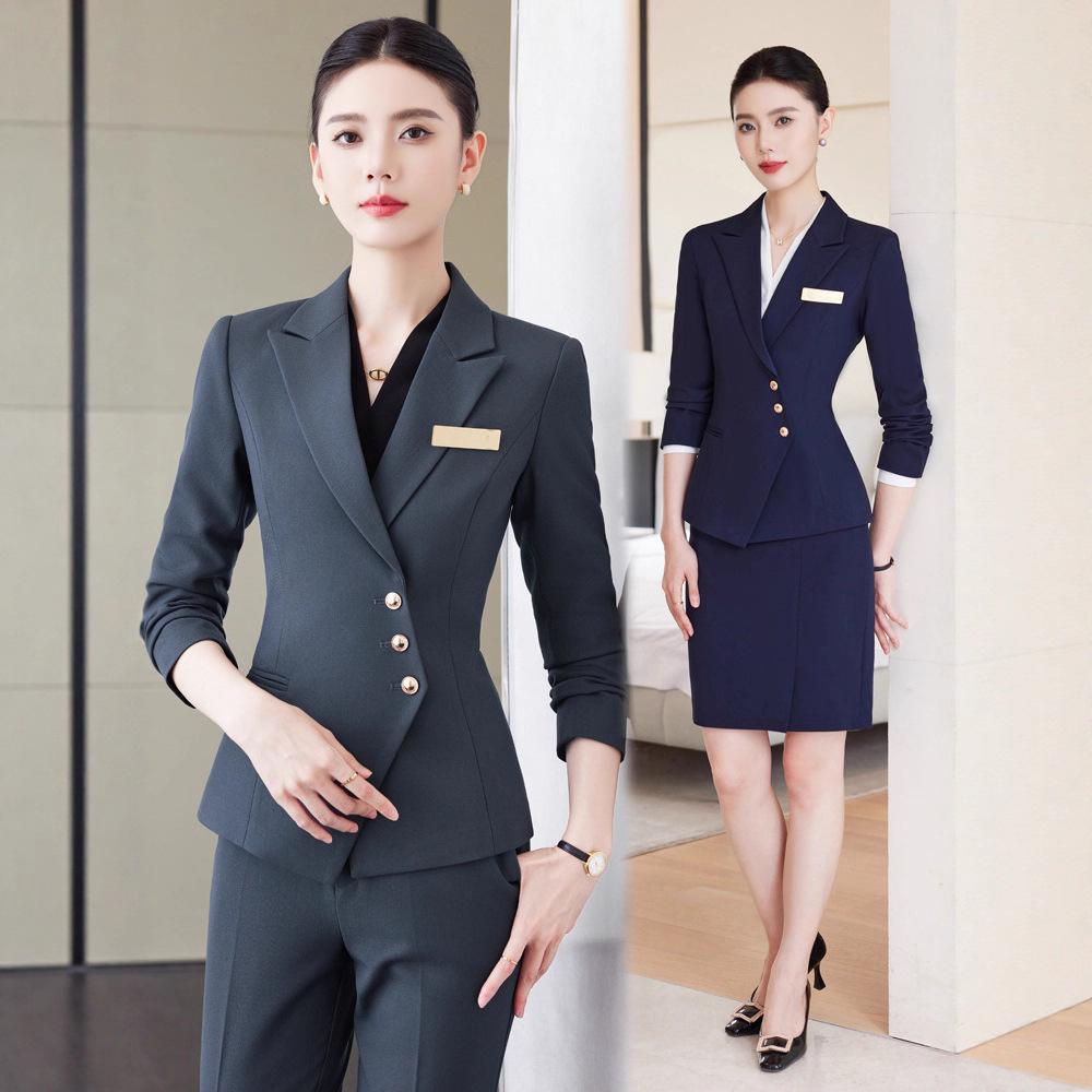 Blue High-End Professional Suit for Women, Autumn and Winter Suit, Formal Skirt Suit, Hotel Front Desk, Jewelry Store, Beautician Work Clothes