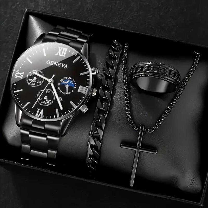 Cross-border hot-selling wholesale calendar steel band men's watch, fashionable business high-end quartz wristwatch accessory set for men