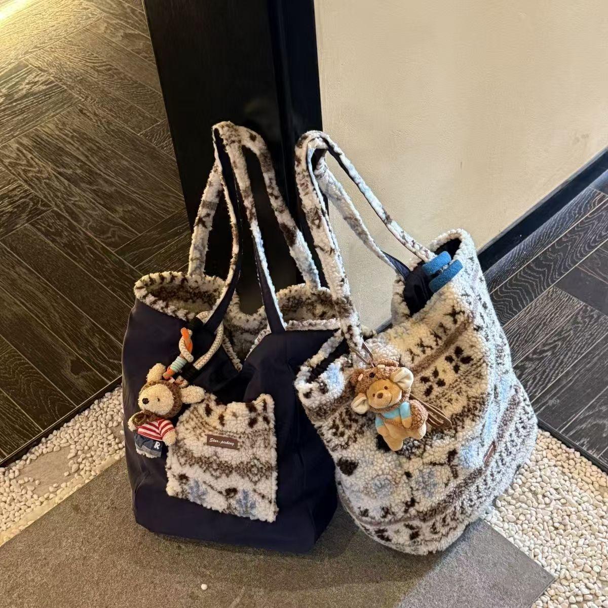 Superb/winter atmosphere/Fair Isle plush tote bag for women 2025 double-sided large-capacity commuter shoulder bag