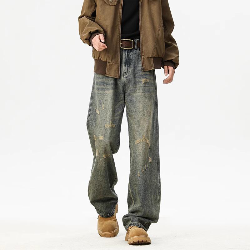 American Retro Washed Ripped Jeans Men's Trendy High Street Whiskered Loose Straight Casual Wide-Leg Pants