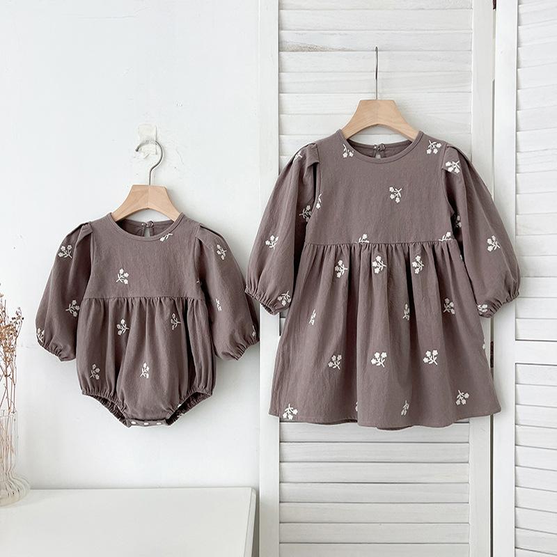 Korean Style Girls' Dress, Spring & Fall Long-Sleeved Baby Bag, Romper, Sister Outfit, Embroidered Baby Girl Dress