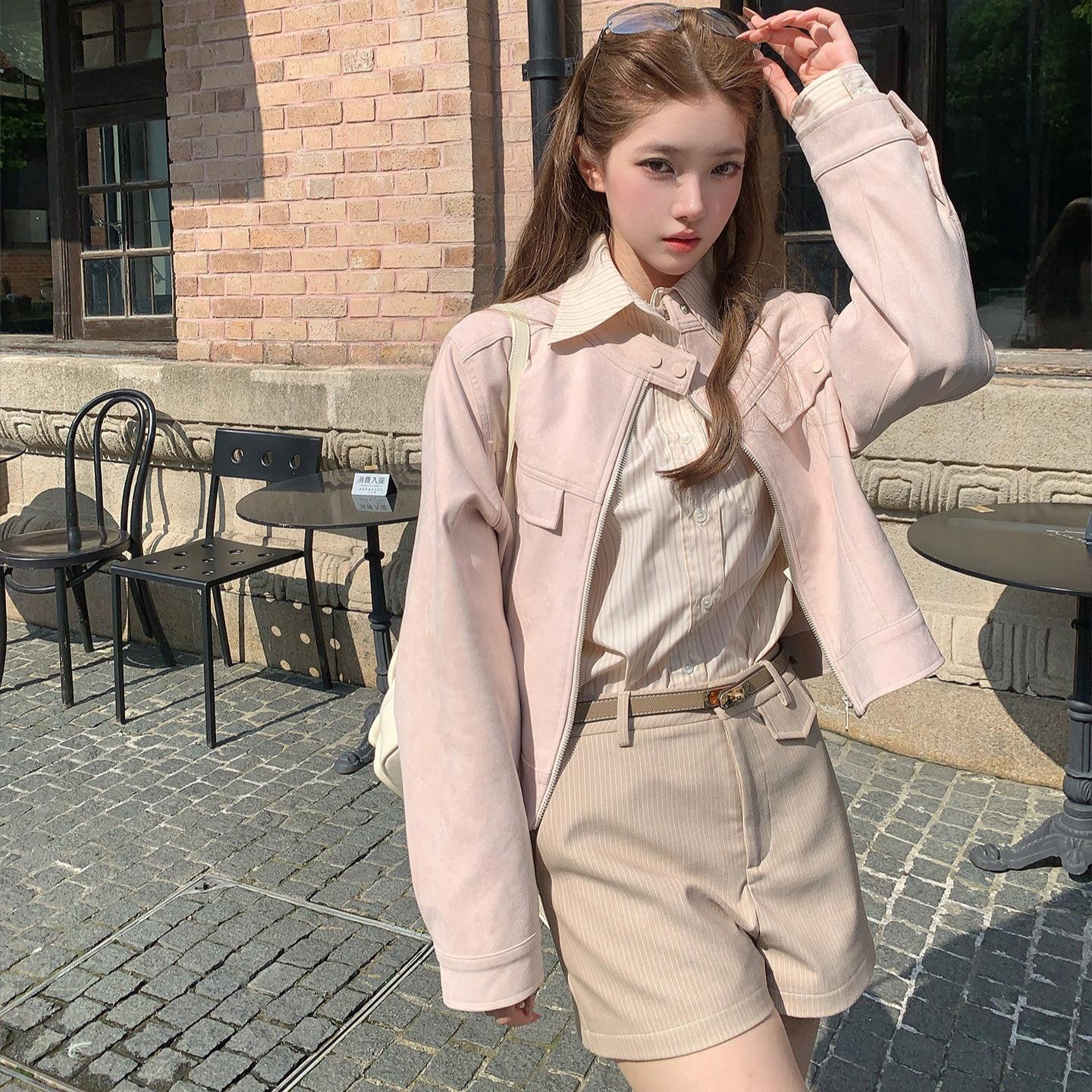 Retro Round Neck Suede Jacket for Women 2026 Autum New Korean Style Loose Casual Short Pink Top for Women