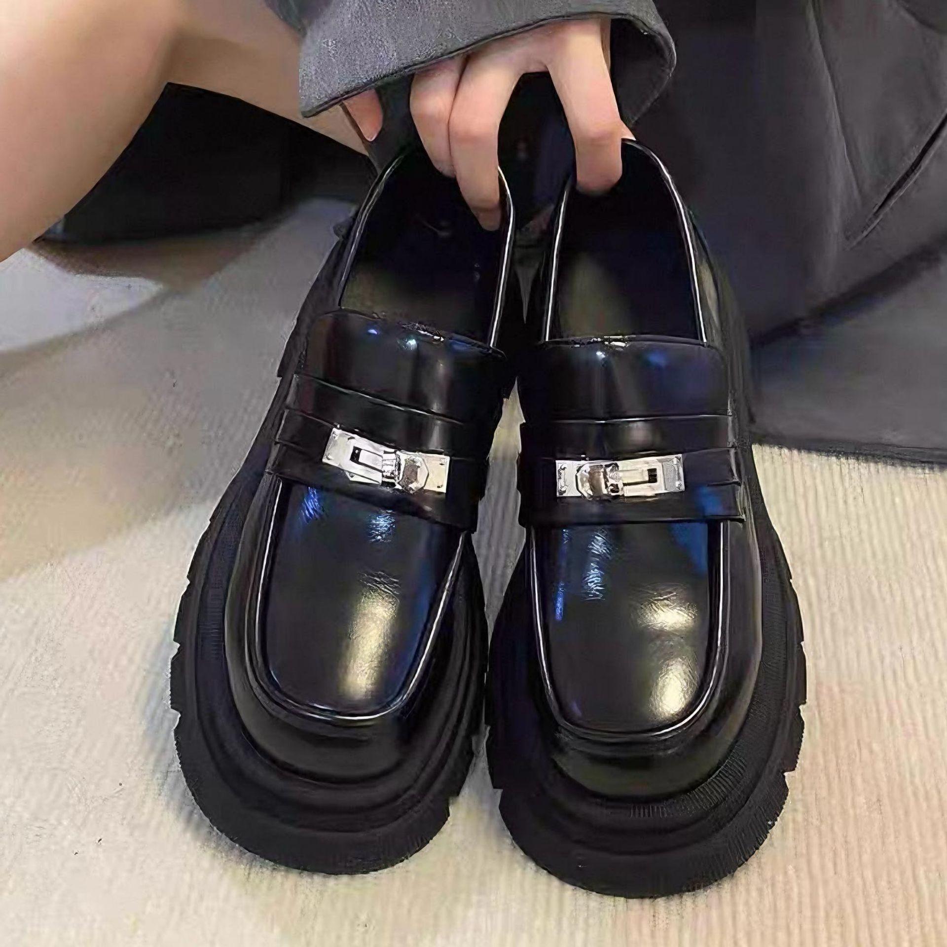 Genuine Leather-Thick-Soled British Small Leather Shoes for Women Summer 2025 New Metal Buckle Flats Retro Loafers Large Size Women's Shoes