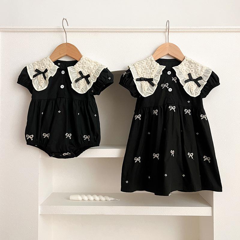 Girls Korean Style dress Summer Short-sleeved Baby Hapi Butterfly Collar Women's Embroidered dress Sisters