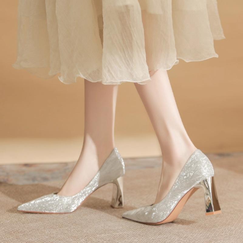 2025 New Winter Style French Fashion Pointed Toe High-Heeled Shoes, Thin Shiny Pointed Toe Thick Heel High-Heeled Shoes for Women