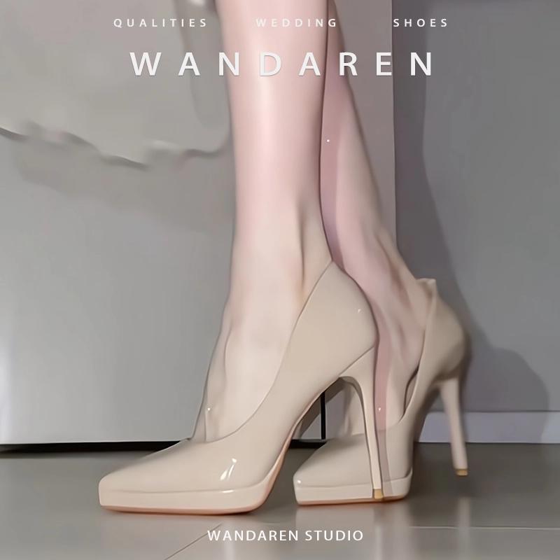 2025 Elegant Nude Color Shallow High Heels with Thin Heels, New Waterproof Platform Comfortable Pointed Toe Professional Shoes