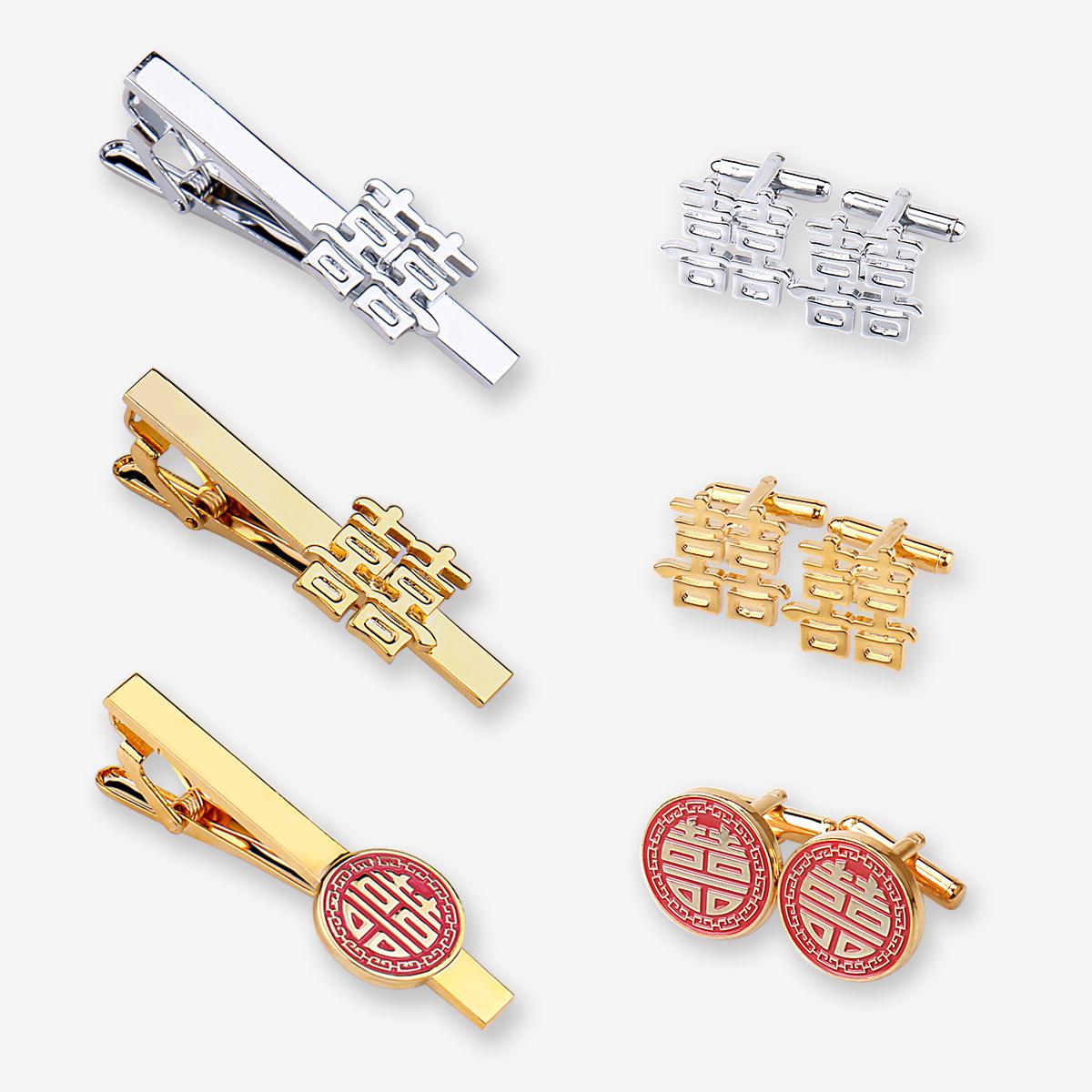 Wedding tie clip cufflinks suit wedding groom golden silver red hollow round cuff