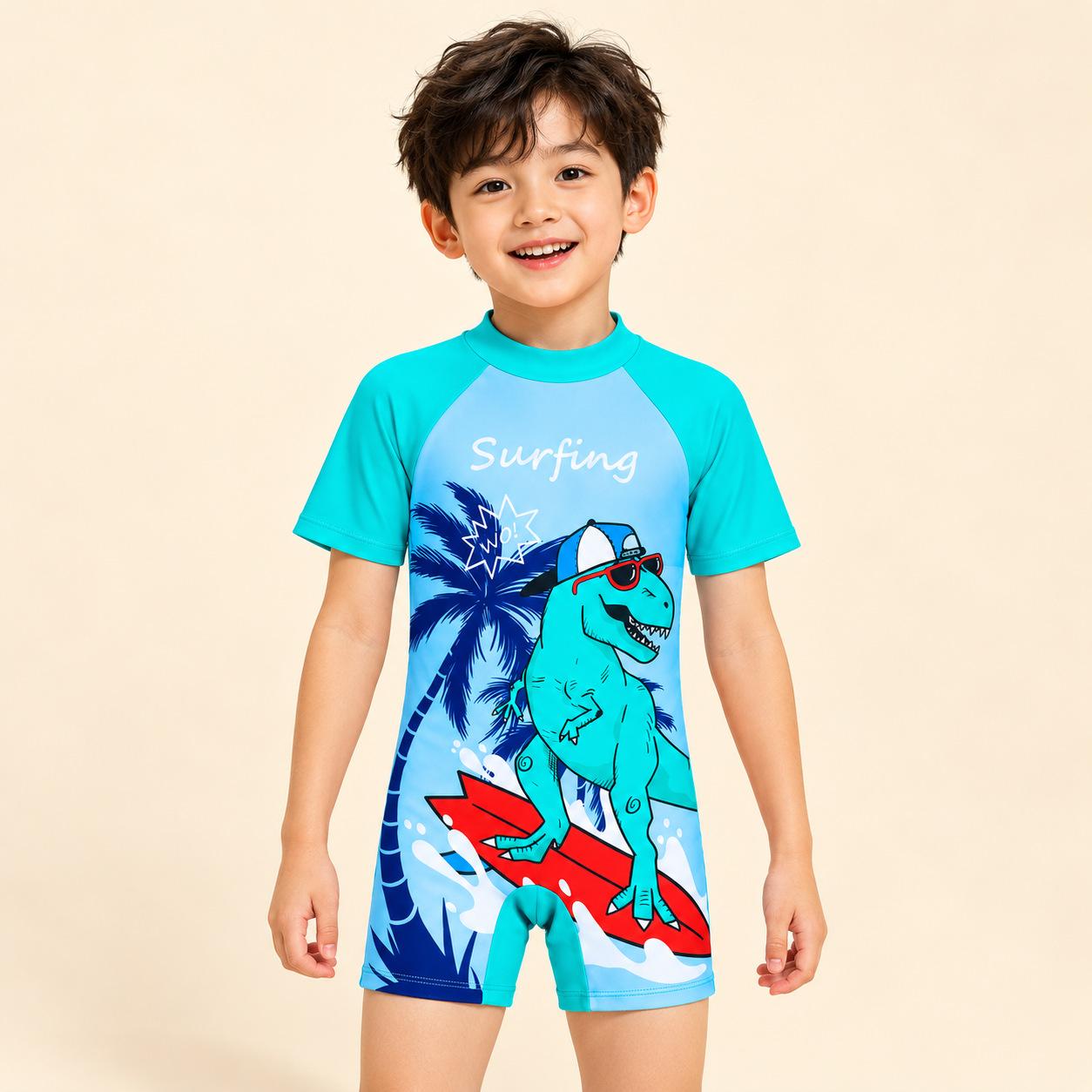 Small and Medium-Sized Boys' One-Piece Swimsuit, Short-Sleeved Sun Protection Swimsuit, Baby Cartoon Quick-Drying Children's Beach Suit 3-8 Years Old