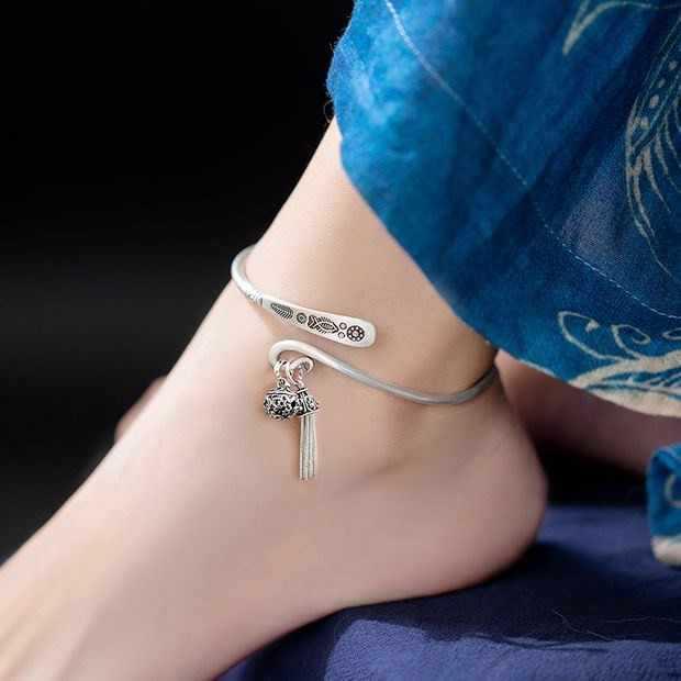 Anklet Women's Silver-Plated Ancient Style Anklet Retro Carved Anklet Women's 2024 New Trendy Open Adjustable Silver Bracelet Anklet