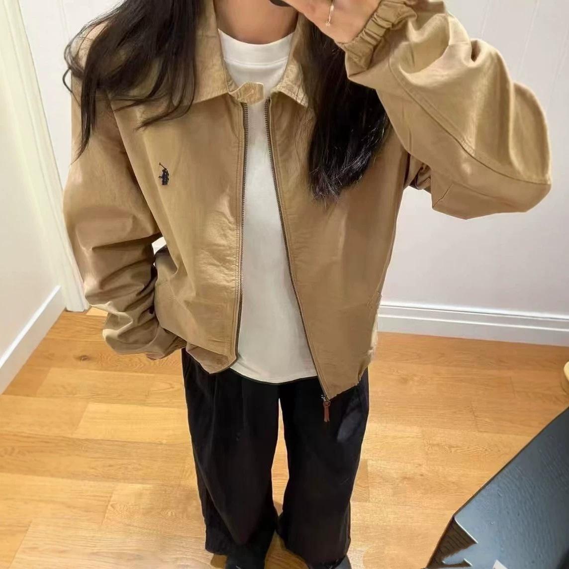 Scan code version RL Ralph Lauren embroidered pony logo vintage jacket for women, with a turn-down collar and long sleeves, versatile and fashionable
