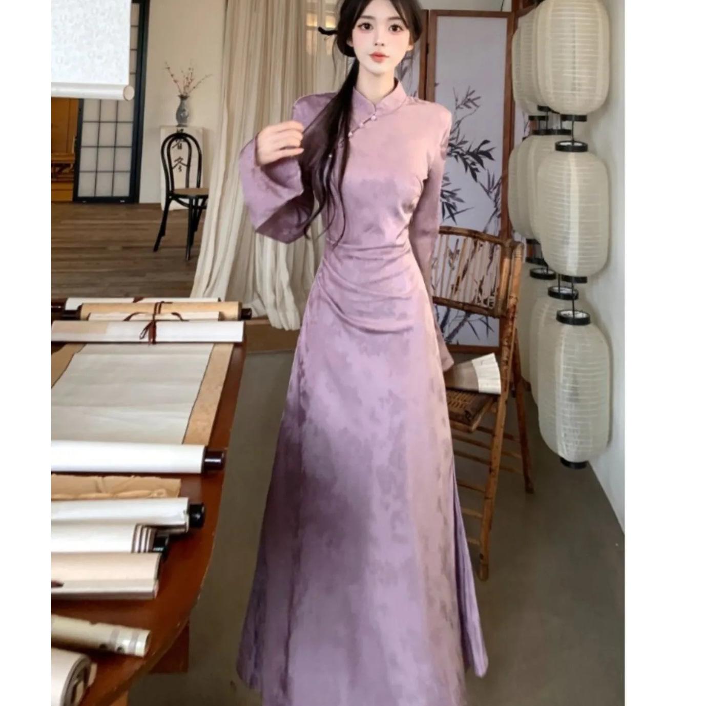 New Chinese Style National Style Disc Button Stand Collar Dress 2024 Autum Waist Improved Cheongsam Feminine Long Skirt
