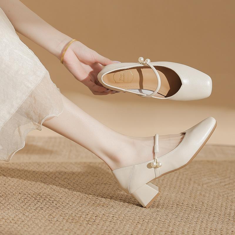 Thick Heel Square Toe Mary Jane Shoes Fairy Style Apricot Mid-Heeled Genuine Leather Shoes for Women Spring & Fall 2025 New High Heels